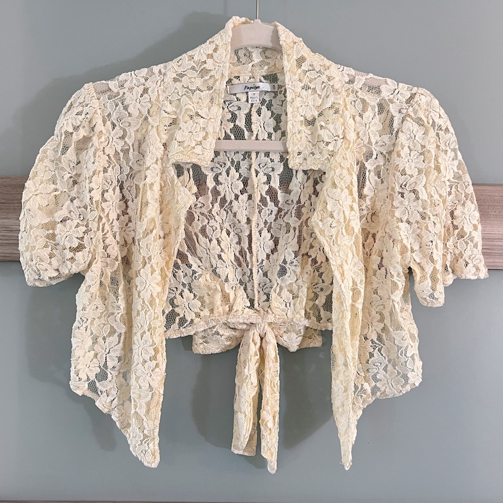 🔥 5 for $25| PAPAYA | Lace Cardigan Cream Color with Bow | Women’s M